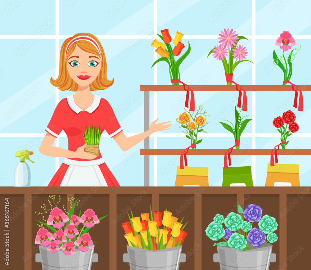 Flower Shop, Cheerful Young Woman Florist in Apron Making Bouquet of Flowers Flat Vector Illustration Flower Shop, Cheerful Young Woman Florist in Apron Making Bouquet of Flowers Flat Vector Illustration