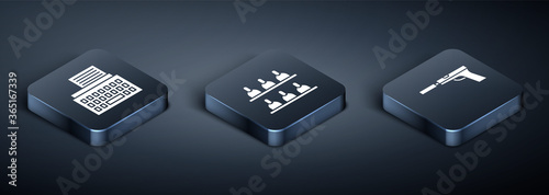Set Isometric Retro typewriter, Pistol or gun with silencer and Jurors icon. Vector.