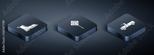 Set Isometric Hiking boot, Pickup truck and Parking icon. Vector.