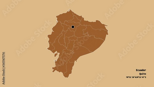 Manabi, province of Ecuador, with its capital, localized, outlined and zoomed with informative overlays on a solid patterned map in the Stereographic projection. Animation 3D photo