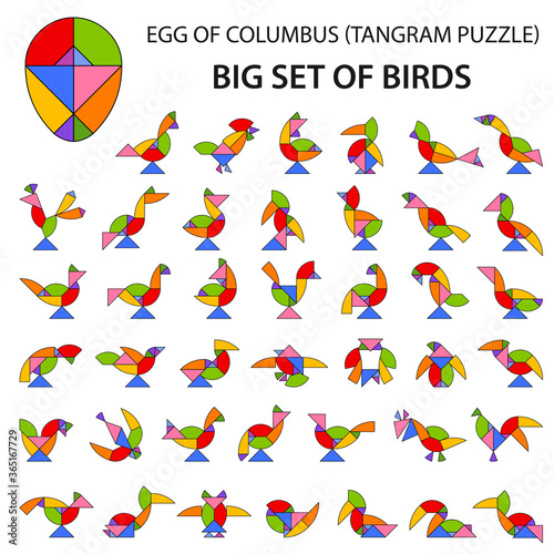 Set of vector tangram Egg (geometric puzzle) for the development of logical thinking of children and adults. Collection of 41 color shapes of birds. Vector illustration