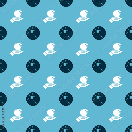 Set Beach ball and Magic ball on hand on seamless pattern. Vector.
