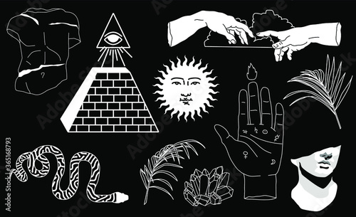 Set of hand drawn vector illustrations for stickers, patches and fashion badges. Snake, pyramid, fern leaves, the eye of providence symbols on dark background.