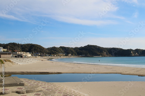 Ubara Beach  Katsuura  Chiba  Japan. This famous white sand beach has crystal clear blue water and white sand with a wonderful view of the Pacific Ocean