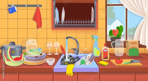 Kitchen sink with dirty dishes.Dirty kitchen. A concept for cleaning companies.Flat cartoon vector illustration.