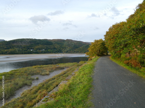 View of the Mawddach Estuary Trail with water and trees and mountains 