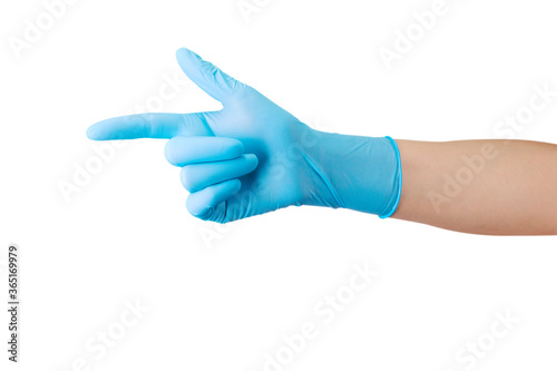 Doctor's hand in medical gloves pointing by finger on side isolated on white