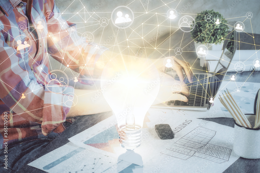 Media network theme hologram with man working on computer on background. Concept of internet communication. Double exposure.