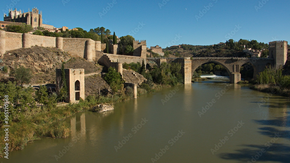View of San Martin's Bridge over the river Tagus in Toledo,Castile–La Mancha,Spain,Europe
