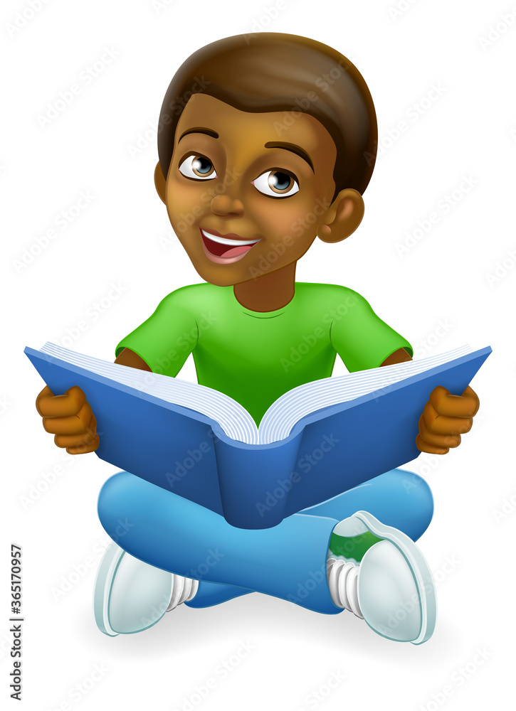 A black boy child kid cartoon character reading a book Stock Vector ...