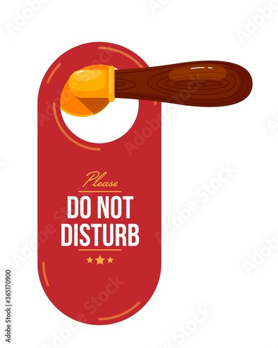 Door tag on wooden door handle. Isolated hotel room closed door red hanger tag with please do not disturb text message icon. Vector privacy warning sign