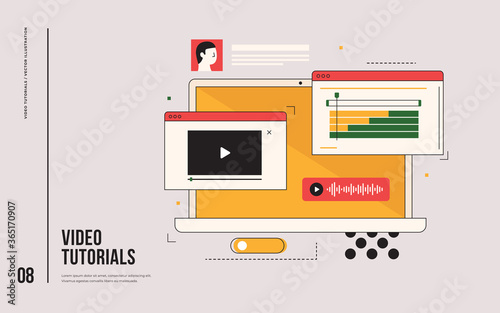 Video manual for online training and seminars and computer courses. Education for everyone. Distance learning. Laptop monitor with open windows of players. Video tutorials. Flat vector illustration.