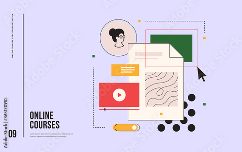Concept of online training, seminars, and online courses. Education for everyone. Distance learning. Image player, avatar, dialog window. Flat vector illustration.