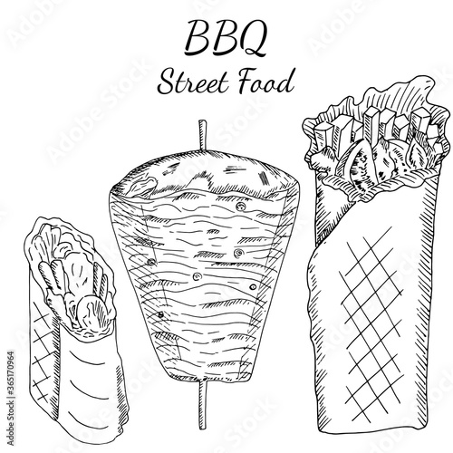 Shawarma doner kebab street food menu. chicken pita roll with vegetables, spicy meat on skewer. Vector hand drawn sketch illustration in doodle, outline. Men food menu design, east cuisine, mexican.