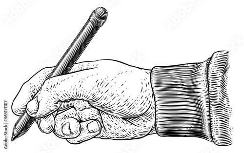 A hand holding a pencil in a vintage retro engraved or etched woodcut print style