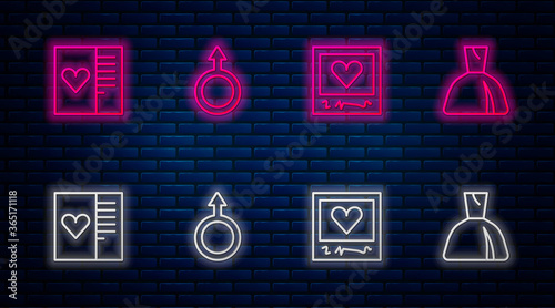 Set line Male gender symbol, Photo frames and hearts, Postcard with and Woman dress. Glowing neon icon on brick wall. Vector.