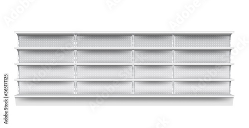 Supermarket shelf. Isolated empty supermarket store showcase shelf icon. Realistic blank grey metal retail shop display perforated shelf. Vector market and business concept