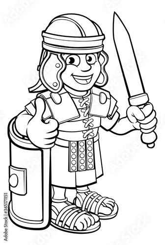 A Roman soldier cartoon character holding a sword and doing a thumbs up
