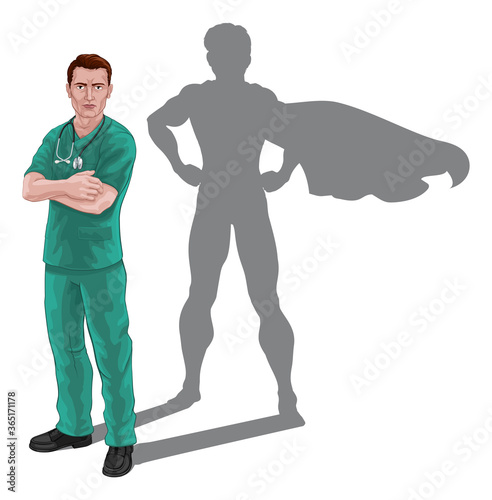 A nurse or doctor super hero in surgical or hospital scrubs uniform with a stethoscope around his neck. Revealed as a superhero pose by the shape of their shadow.