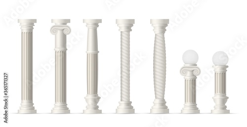 Antique columns set. Isolated realistic classic white column collection. Antique stone pillar icons. Vector Roman and Greek ancient architecture and culture