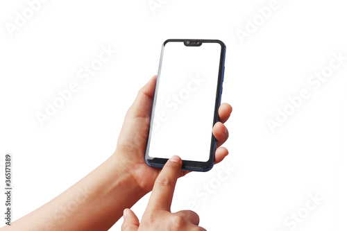 A woman uses her fingers to print on the screen of a modern mobile phone, isolated on a white background with clipping paths.