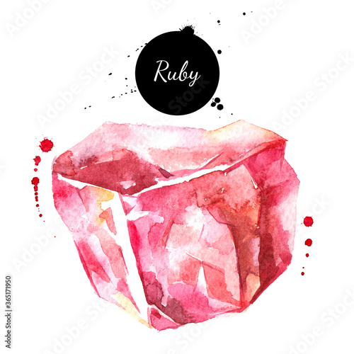 Watercolor hand drawn ruby gemstone crystal mineral illustration. Painted sketch isolated on white background