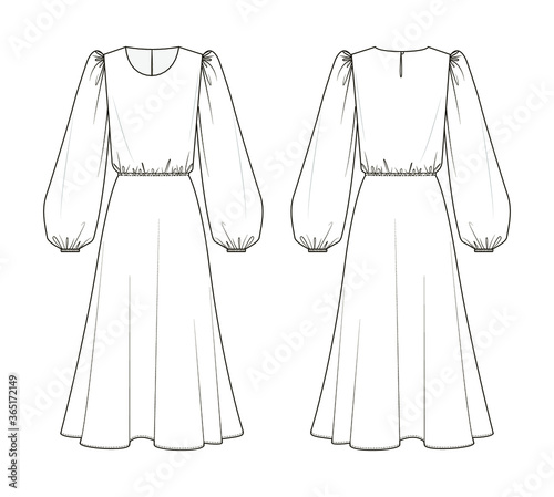 Fashion technical drawing сhiffon dress