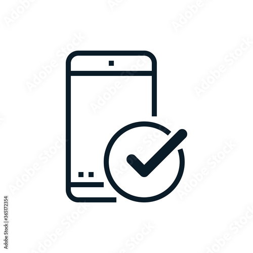 Check mark, approved with mobile outline icons. Vector illustration. Editable stroke. Isolated icon suitable for web, infographics, interface and apps.