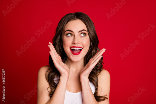 Close-up portrait of her she nice-looking attractive lovely lovable fascinating winsome cheerful wavy-haired girl good mood isolated on bright vivid shine vibrant red burgundy marsala color background