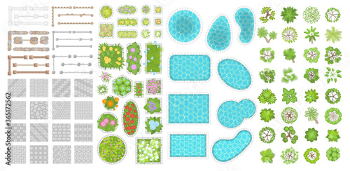 Vector set. Collection for landscape design, plan, maps. (Top view) Trees, flower beds, swimming pools, pavement, fences. (View from above) 