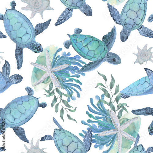 Watercolor painting seamless pattern with cute turtles 