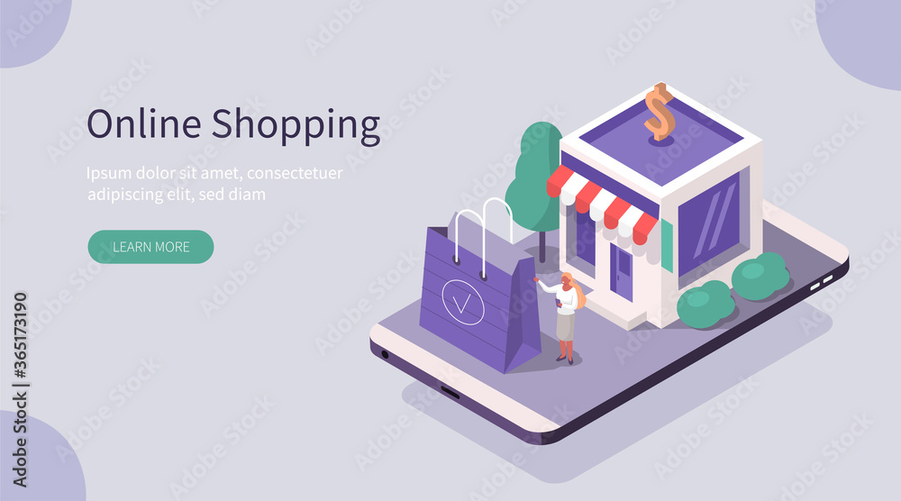 Fototapeta premium Character Holding Shopping bag and Standing near Shop. Customer Making Order in Mobile App. Online Shopping and Mobile Commerce Concept. Flat Isometric Vector Illustration.