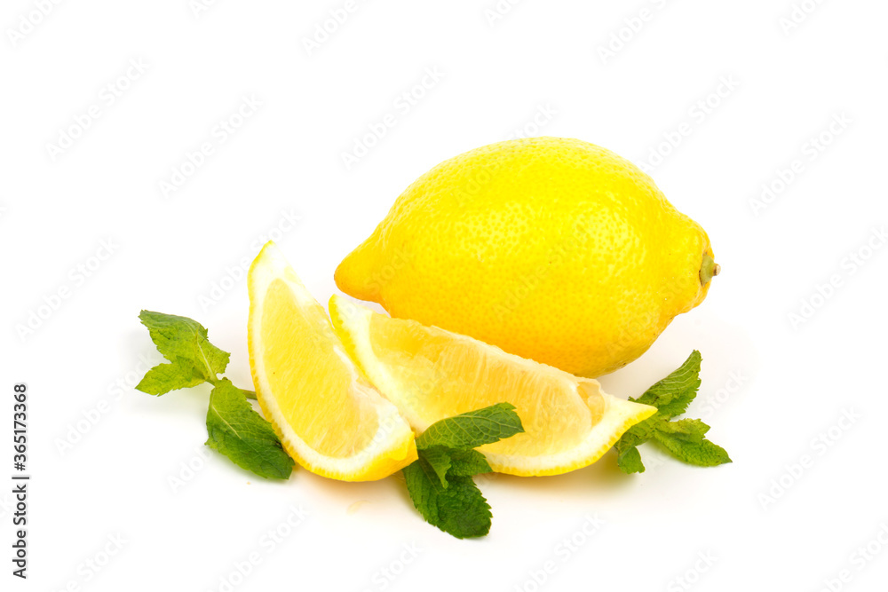 Group of lemons with mint leaves, isolated on white background Group of lemons with mint leaves, isolated on white background