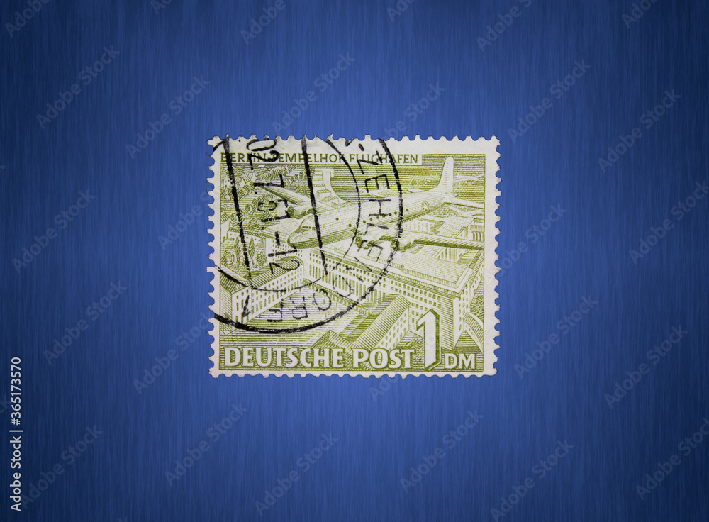 Postage stamp from the FRG Berlin. Printed on June 17, 1949. Airplane Douglas DC-4 