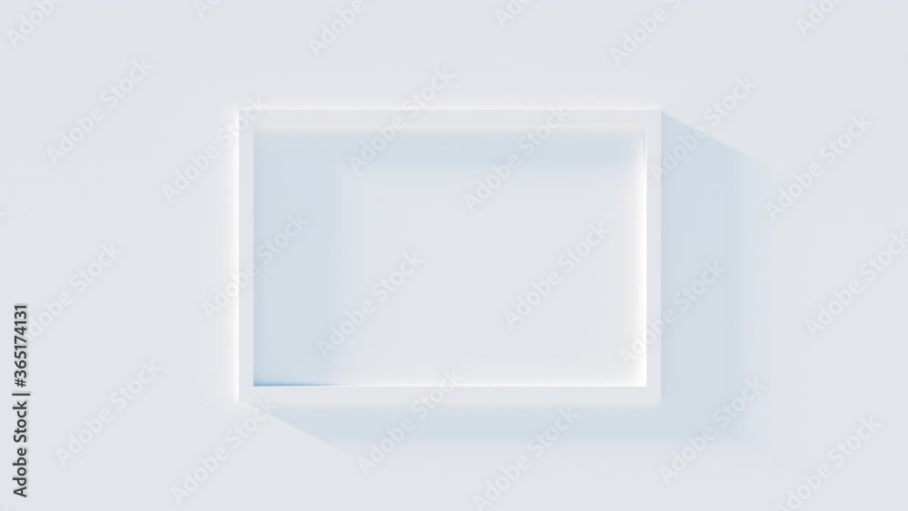 Abstract 3D animation of frame on white wall with shadows light effect. White rectangle moving from wall and disappears. Background business footage.