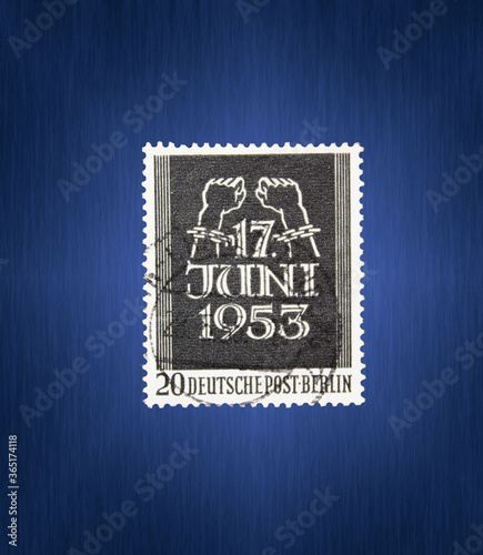 Postage stamp from the FRG Berlin. Printed on 08/17/1953. National uprising on June 17 in the GDR and East Berlin.