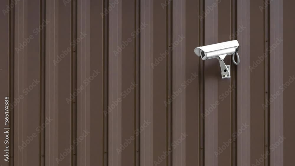 Building with Surveillance or Security Camera on metal brown wall, corrugated texture, galvanized steel surface, Abstract architectural pattern or background with copy space. dolly camera movement Building with Surveillance or Security Camera on metal brown wall, corrugated texture, galvanized steel surface, Abstract architectural pattern or background with copy space. dolly camera movement