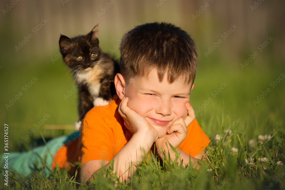 A boy lies in the grass with a kitten on his back on a sunny summer day. A boy lies in the grass with a kitten on his back on a sunny summer day.