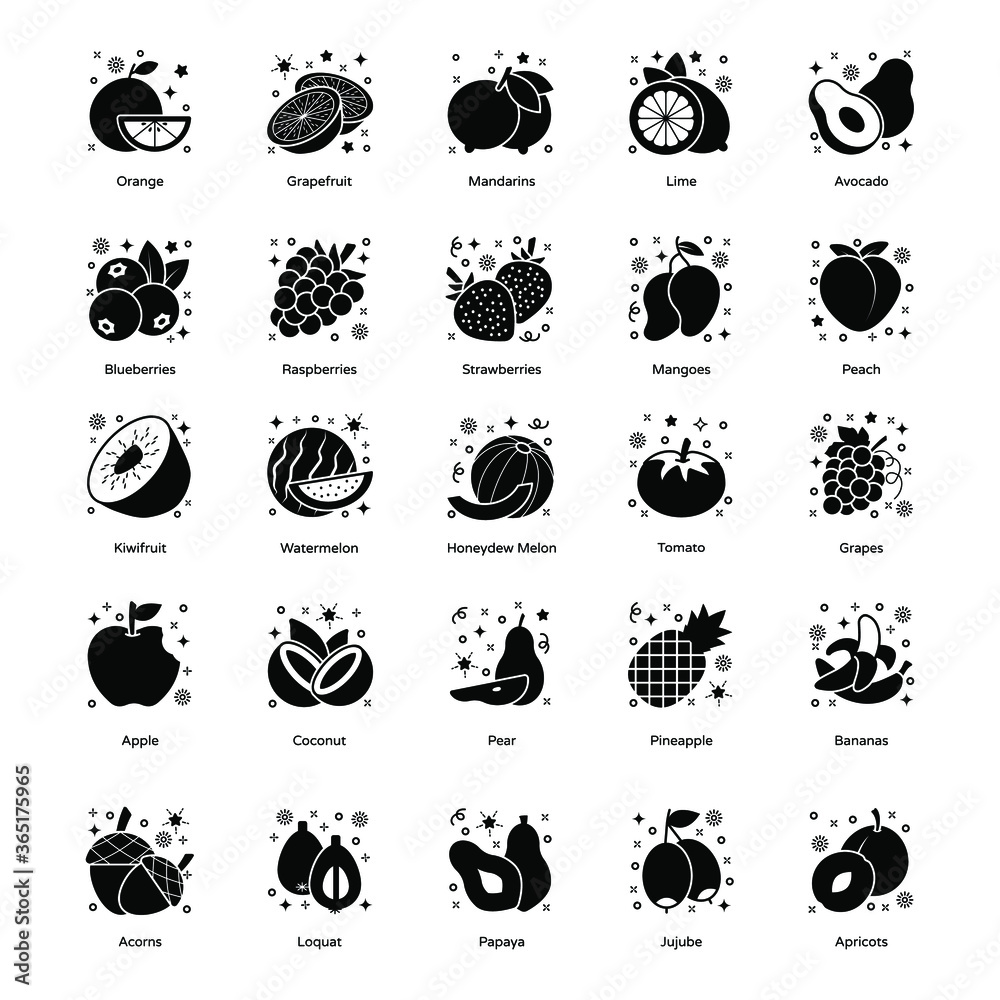
Pack of Delicious Fruits in Solid Style 
