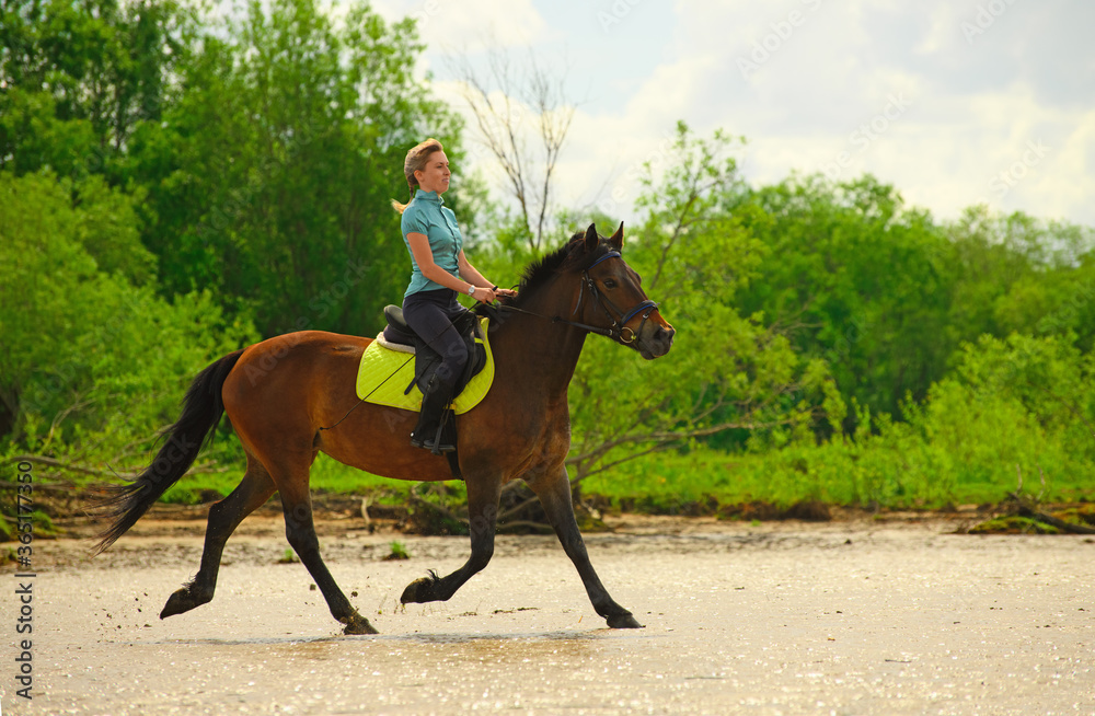 One Caucasian horsewoman is trotting on the beach. One Caucasian horsewoman is trotting on the beach.