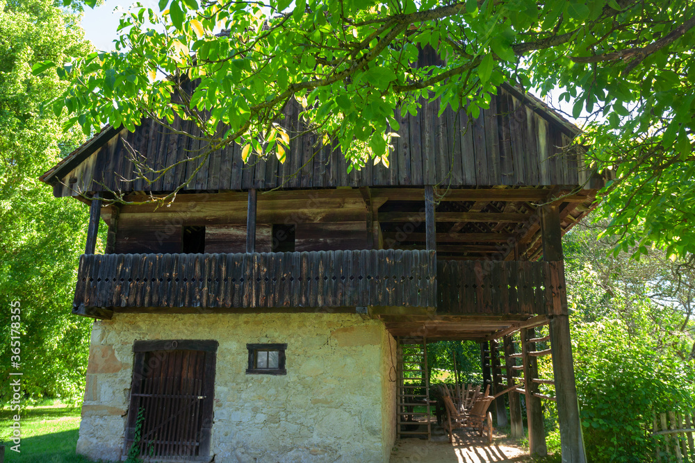 Traditional buildings of wood and rock in the village of Kumrovec, Croatia