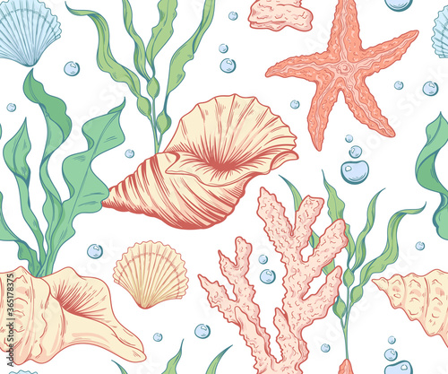 Seamless marine pattern with corals and algae