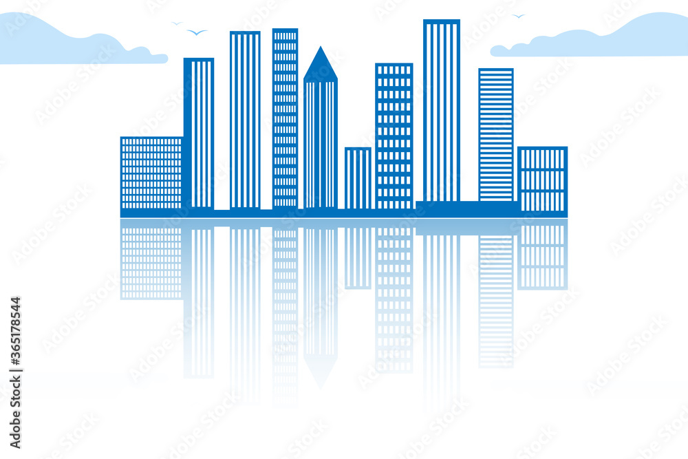 Real estate agency logo. Silhouettes of city buildings, skyscrapers with the effect of mirror reflection. Vector High Quality Resolution