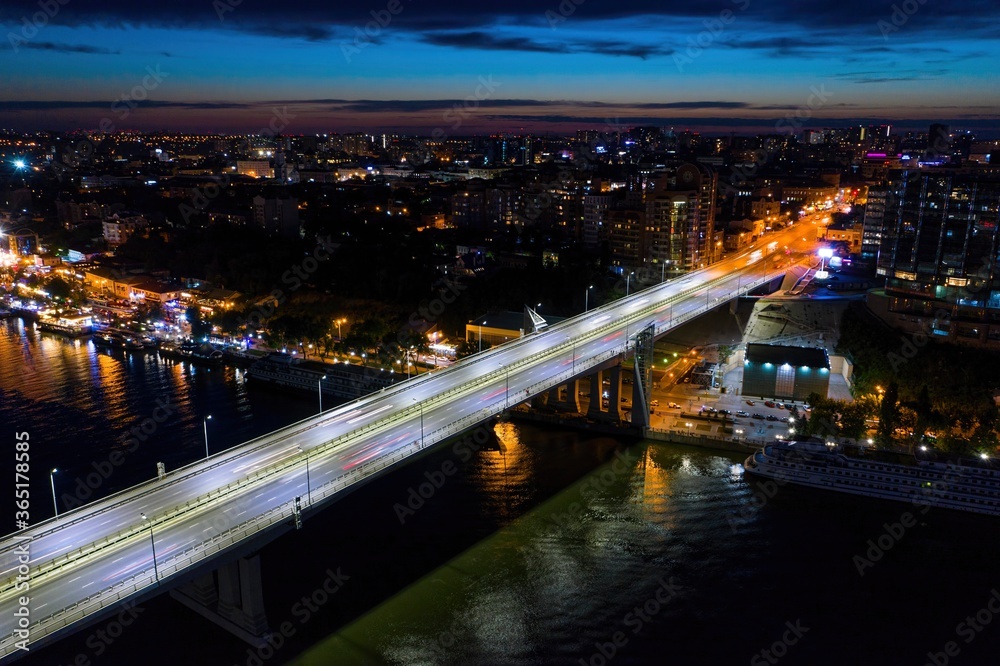 Don River and embankment at sunset. Rostov-on-Don. Aerial view.