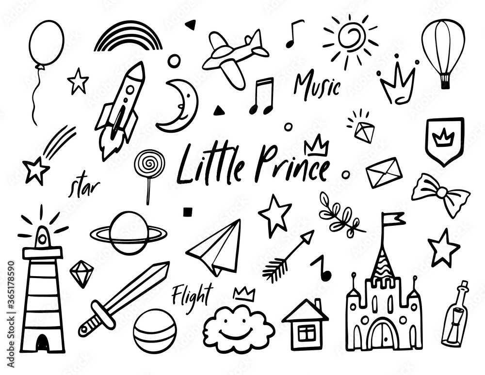 Vecteur Stock Doodle baby boy little prince sketch set. Collection ...
