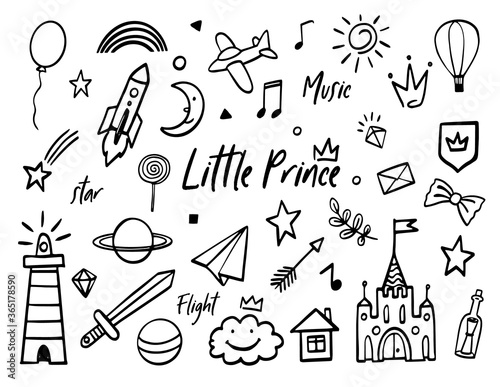 Doodle baby boy little prince sketch set. Collection of black hand drawn symbols. Cute magic crown, star,.geometric, sword, shield, castle, airplane for little baby boy. Design kit white background