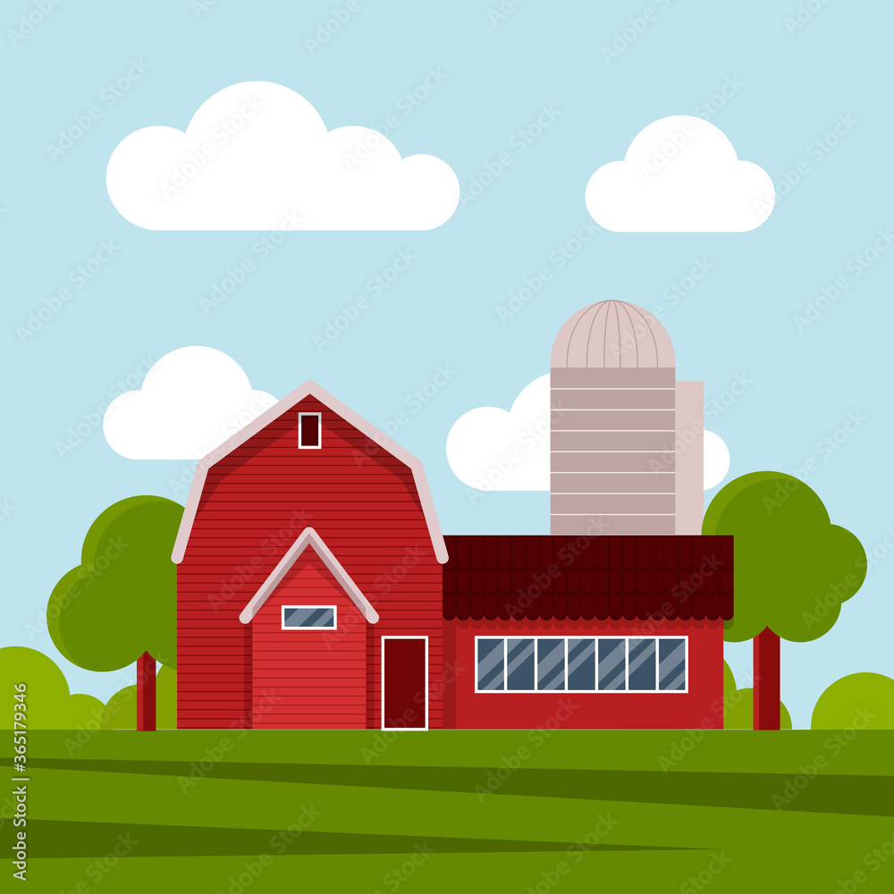 Country farm house on a green meadow, agricultural construction. Flat vector illustration on a background of blue sky with clouds