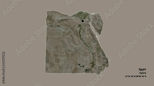 Al Gharbiyah, governorate of Egypt, with its capital, localized, outlined and zoomed with informative overlays on a satellite map in the Stereographic projection. Animation 3D photo