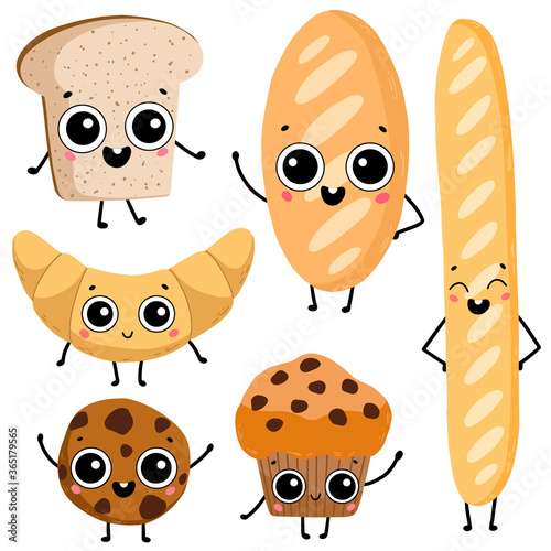 Cute cartoon flat vector bread illustration. Set of bread with eyes isolated on a white background. Baguette, toast, cupcake, cookie, loaf and croissant in kawaii style.
