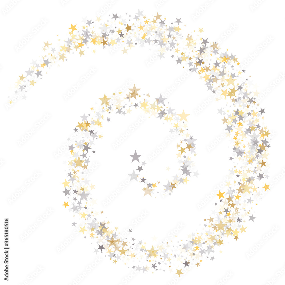 Gold and silver stars background, sparkling christmas lights confetti falling isolated on white. magic shining Flying stars glitter cosmic backdrop, sparkle vector border